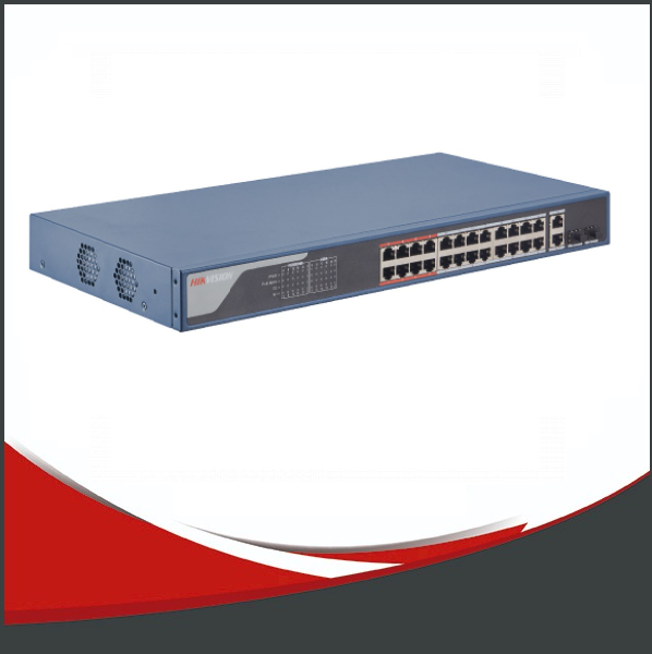 SWITCH HIKVISION ADMINISTRABLE, 24 PUERTOS POE 100MB, 2 COMBOS GIGABIT RJ45 O SFP.
