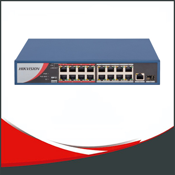 SWITCH POE HIKVISION 16 + 1 GIGABIT, 1 PUERTO GIGABIT DE FIBRA OPTICA, HASTA 100M POR PUERTO.