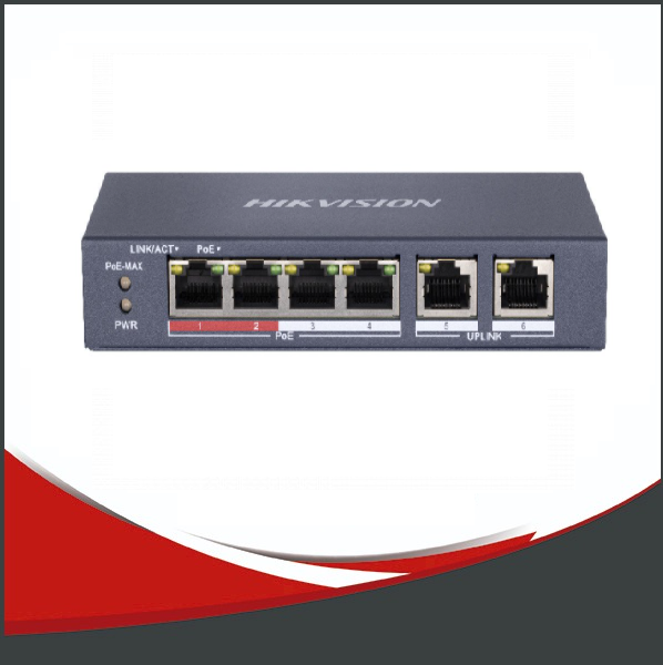SWITCH POE HIKVISION 4+2, 2 PUERTOS RJ45 10/100MBPS,4 PUERTOS POE 10/100 MBPS, ALCANCE HASTA 300 M