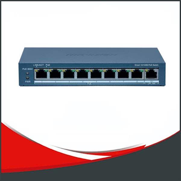 SWITCH POE HIKVISION 8 PUERTOS RJ45 100 MBPS, 1 PUERTO DE RED RJ45 DE RED GIGABIT. 802.1Q VLAN.