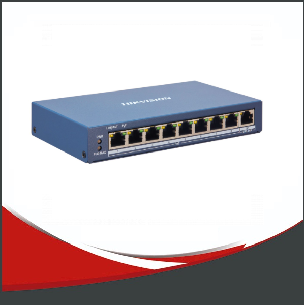 SWITCH POE HIKVISION 10 PUERTOS RJ45 100 MBPS, 2 PUERTO DE RED GIGABIT, 802.1Q VLAN.