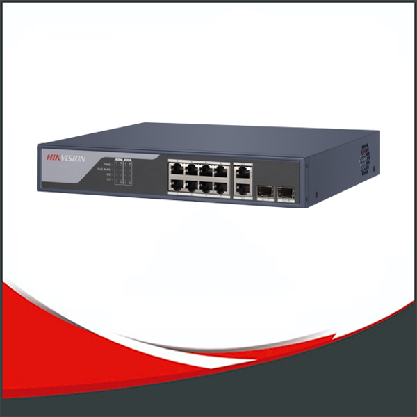 SWITCH POE HIKVISION GESTION INTELIGENTE 8+2, 8 PUERTOS POE DE 100MBPS, 2 PUERTO GIGABIT DE FIBRA OPTICA O RJ45.