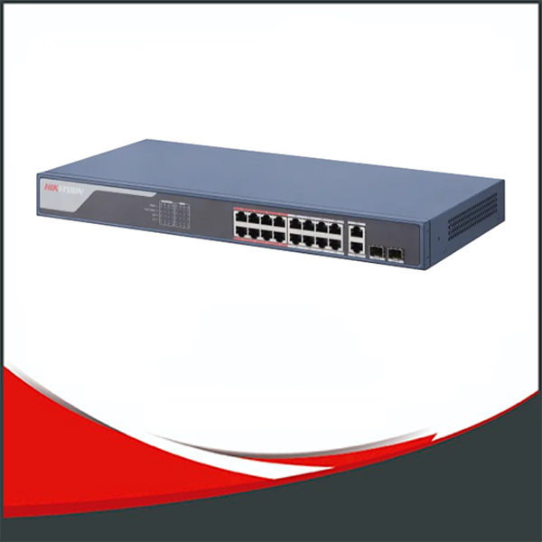 SWITCH POE HIKVISION GESTION INTELIGENTE 16+2, 16 PUERTOS POE DE 100MBPS, 2 PUERTO GIGABIT DE FIBRA OPTICA O RJ45.