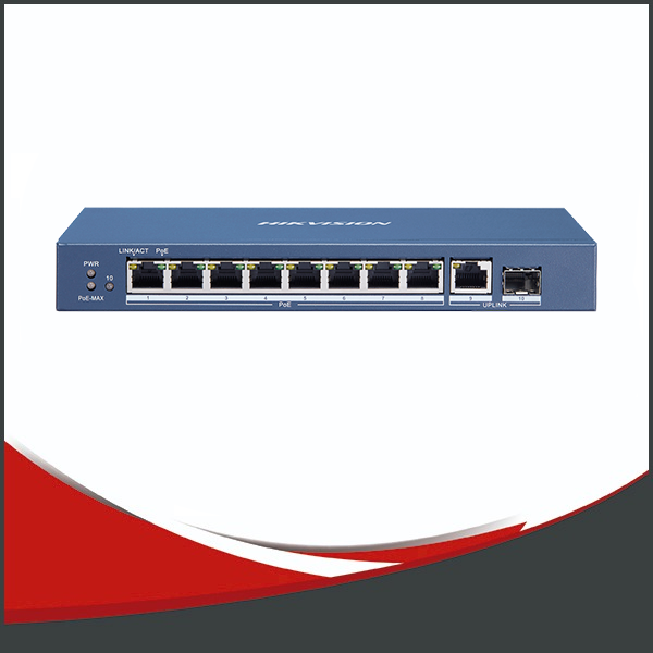 SWITCH POE HIKVISION 8 + 1 GIGABIT MBPS. 1 PUERTO GIGABIT DE FIBRA OPTICA. CCTV HASTA 100M, ESTÁNDAR