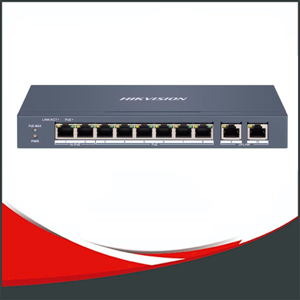 SWITCH POE HIKVISION, HI-POE GESTION INTELIGENTE 8+2, 8 PUERTOS POE DE 100MBPS, 2 PUERTO GIGABIT.