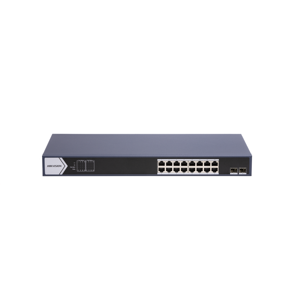 SWITCH HIKVISION, NO ADMIN, 16 PUERTOS POE GIGABIT + 2 PUERTOS SFP FIBRA, POE POWER BUDGET 125W