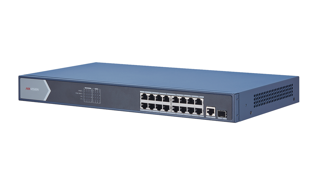 SWITCH HIKVISION,NO ADMIN,16 PUERTOS POE GIGABIT+1 PUERTO GIGABIT UPLINK+1 PUERTO GIGABIT SFP FIBRA