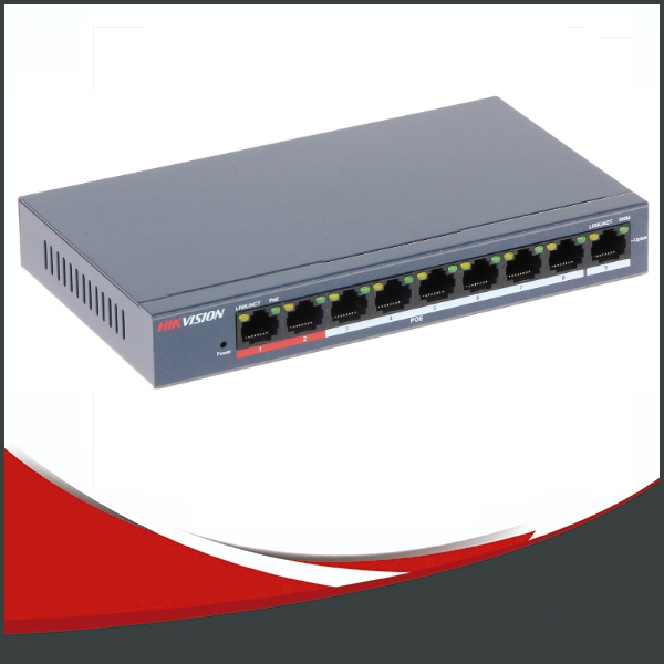 SWITCH POE HIKVISION 8+1, 10/100 PUERTOS ETHERNET BASE-TX, ALCANCE HASTA 250M