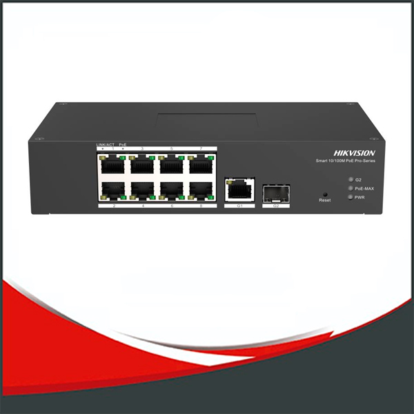 SWITCH POE HIKVISION TIPO INDUSTRIAL, 8 PUERTOS POE DE 10 A 100MB, 1 SFP, MANEJO DE VLAN.