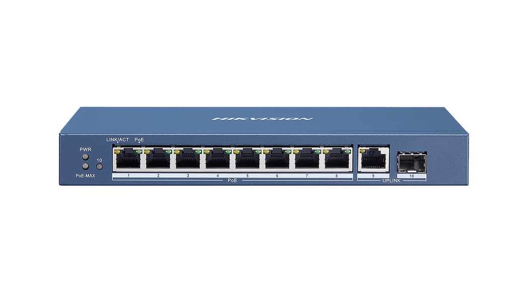 SWITCH HIKVISION,NO ADMIN,8 PUERTOS POE GIGABIT+1 PUERTO GIGABIT UPLINK+1 PUERTO GIGABIT SFP FIBRA.