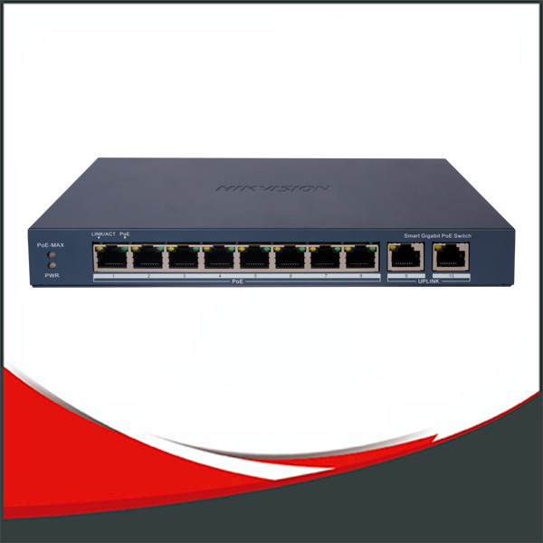 SWITCH HIKVISION GIGABIT ADMINISTRABLE,8 PUERTOS POE + 2 UPLINK GIGA,MANEJO DE VLAN,POE EXTENDIDO.