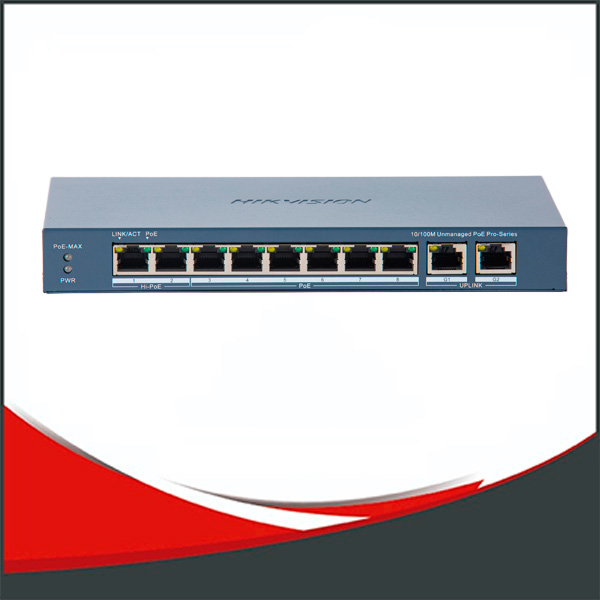 SWITCH HIKVISION, NO ADMIN, 8 PUERTOS POE 10/100MB + 2 PUERTOS GIGABIT, HIPOE, POE EXTENDIDO.