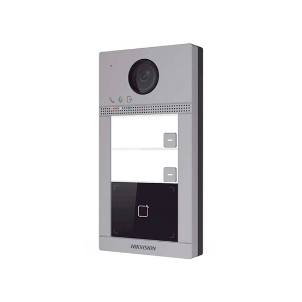 PORTERO HIKVISION IP WIFI DE METAL, 2 BOTONES, 2MP, IK08, IP65,IR 3M, POE, SOPORTA TARJETAS MIFARE