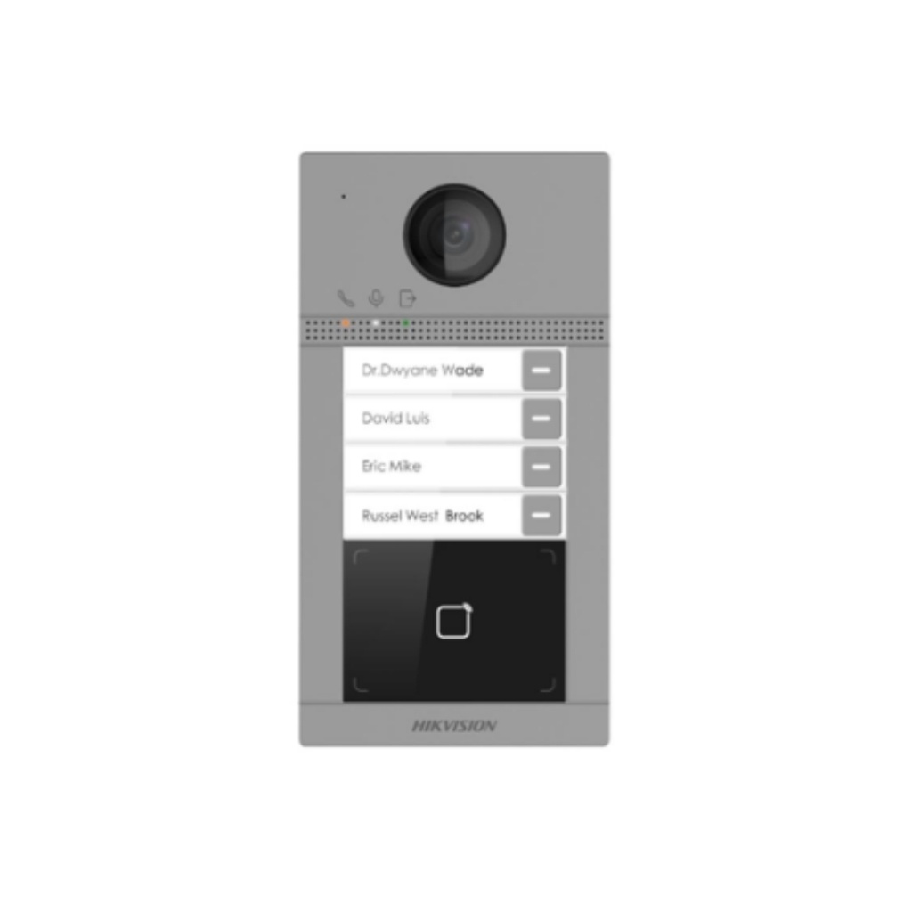 PORTERO HIKVISION IP, 4 BOTONES, WIFI, METAL, 2MP, IK08, IP65, POE, SOPORTA TARJETAS MIFARE.